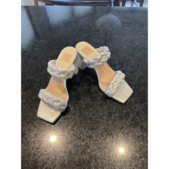 Dolce Vita Womens Block Heels 7.5 Silver Heel Braided Straps Square Toe $125 I - Picture 1 of 13